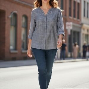 Kim Rogers Classic Women's Blue White Button V Neck Mandarin Collar Blouse XL